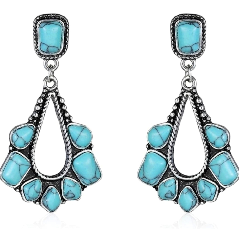 Turquoise Earrings 925 Silver Plated Western Bohemian Boho Blue Silvery Jewelry - Picture 2 of 8